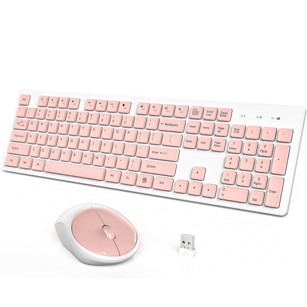 Pink and white wireless keyboard and mouse set